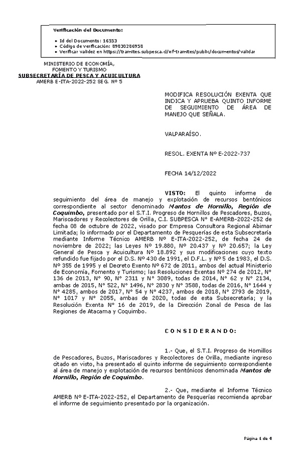 RESOL. EXENTA Nº E-2022-737 Modifica resolución que indica, Aprueba 5° Seguimiento. (Publicado en Página Web 16-12-2022)