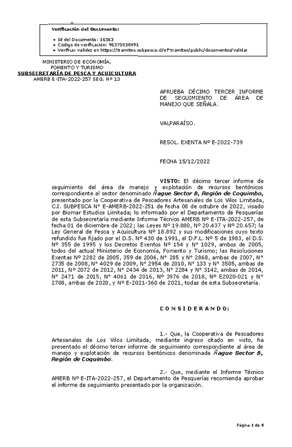 RESOL. EXENTA Nº E-2022-739 Aprueba 13° Seguimiento. (Publicado en Página Web 16-12-2022)