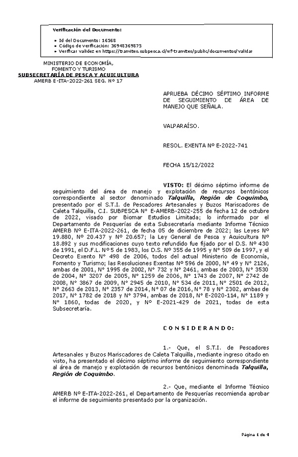 RESOL. EXENTA Nº E-2022-741 Aprueba 17° Seguimiento. (Publicado en Página Web 16-12-2022)