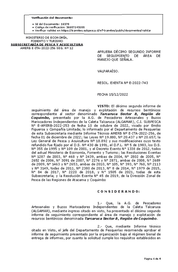 RESOL. EXENTA Nº E-2022-743 Aprueba 12° Seguimiento. (Publicado en Página Web 16-12-2022)