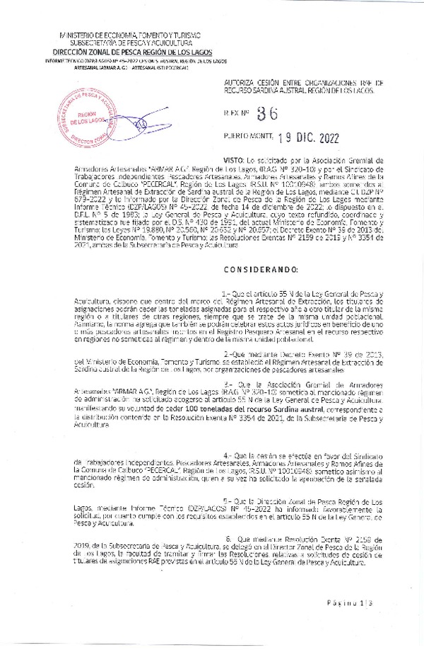 Res. Ex. N° 36-2022 (DZP Los Lagos) Autoriza cesión sardina austral Región de Los Lagos. (Publicado en Página Web 20-12-2022)