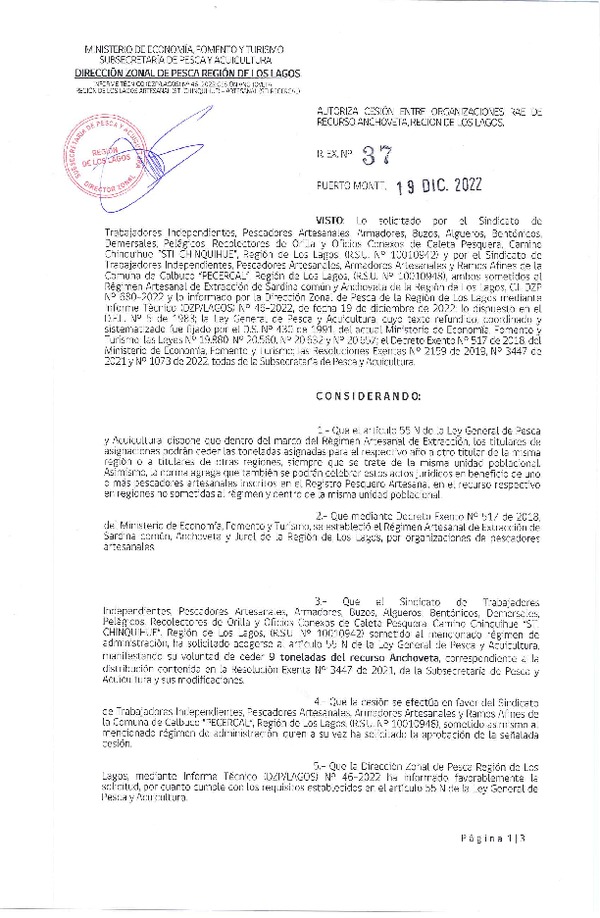 Res. Ex. N° 37-2022 (DZP Los Lagos) Autoriza cesión Anchoveta Región de Los Lagos. (Publicado en Página Web 20-12-2022)