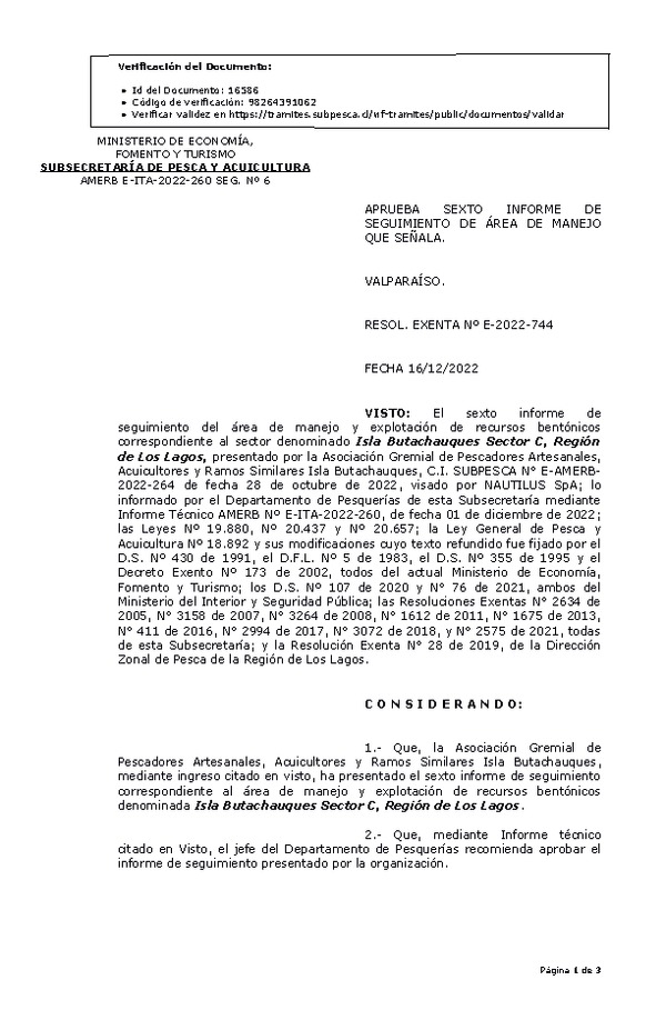 RESOL. EXENTA Nº E-2022-744 Aprueba 6° seguimiento. (Publicado en Página Web 20-12-2022)