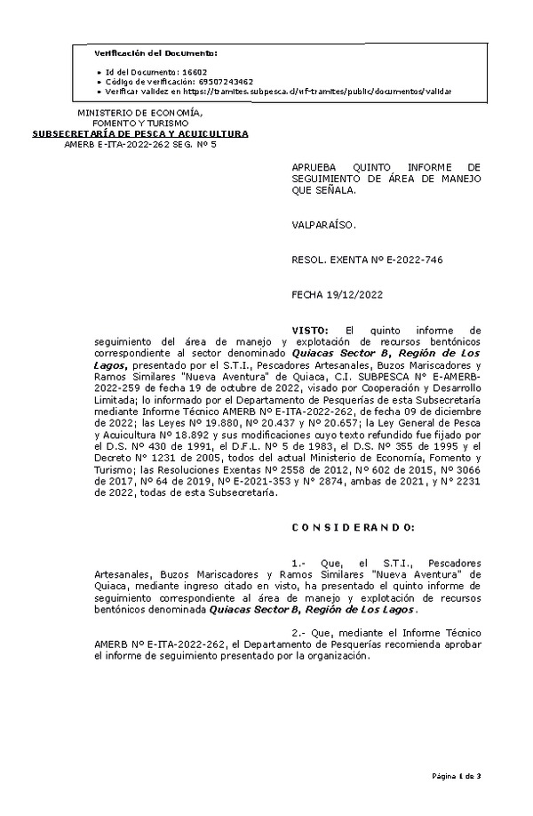 RESOL. EXENTA Nº E-2022-746 Aprueba 5° seguimiento. (Publicado en Página Web 20-12-2022)