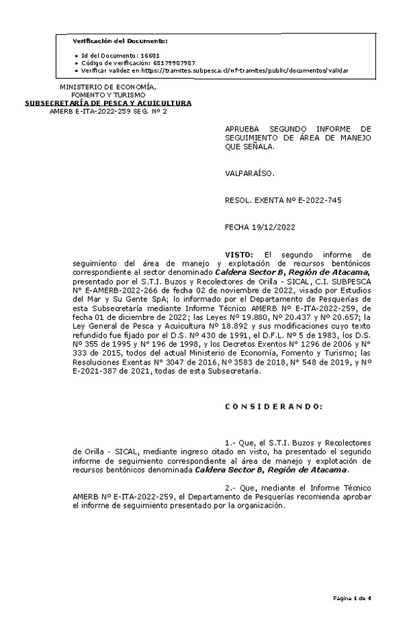 RESOL. EXENTA Nº E-2022-745 Aprueba 2° seguimiento. (Publicado en Página Web 20-12-2022)