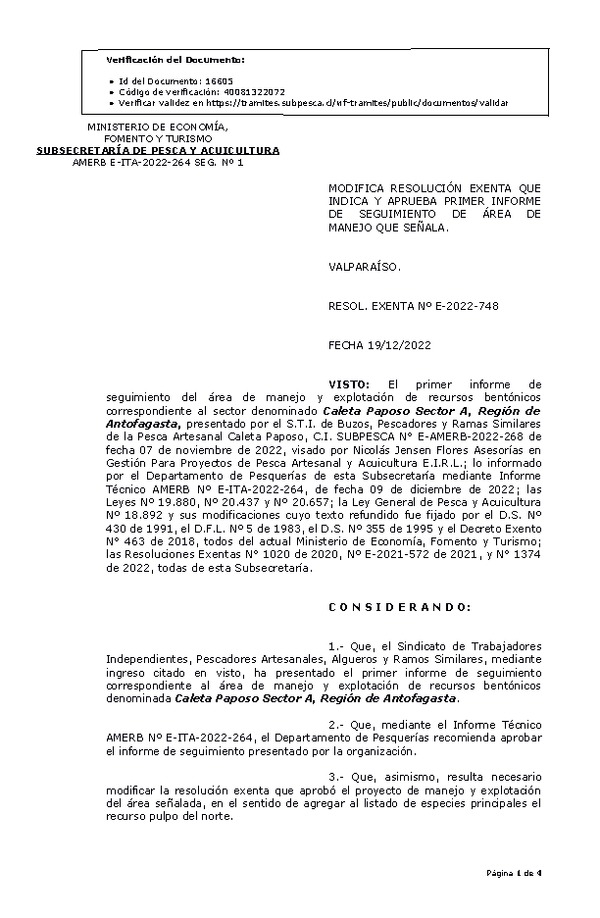 RESOL. EXENTA Nº E-2022-748 Modifica resolución que indica, Aprueba 2° seguimiento. (Publicado en Página Web 20-12-2022)