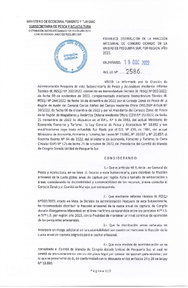 Res. Ex. N° 2586-2022 Establece Distribución de la Fracción Artesanal de Congrio Dorado, Unidad de Pesquería Sur, Por Región, Año 2023. (Publicado en Página Web 21-12-2022)