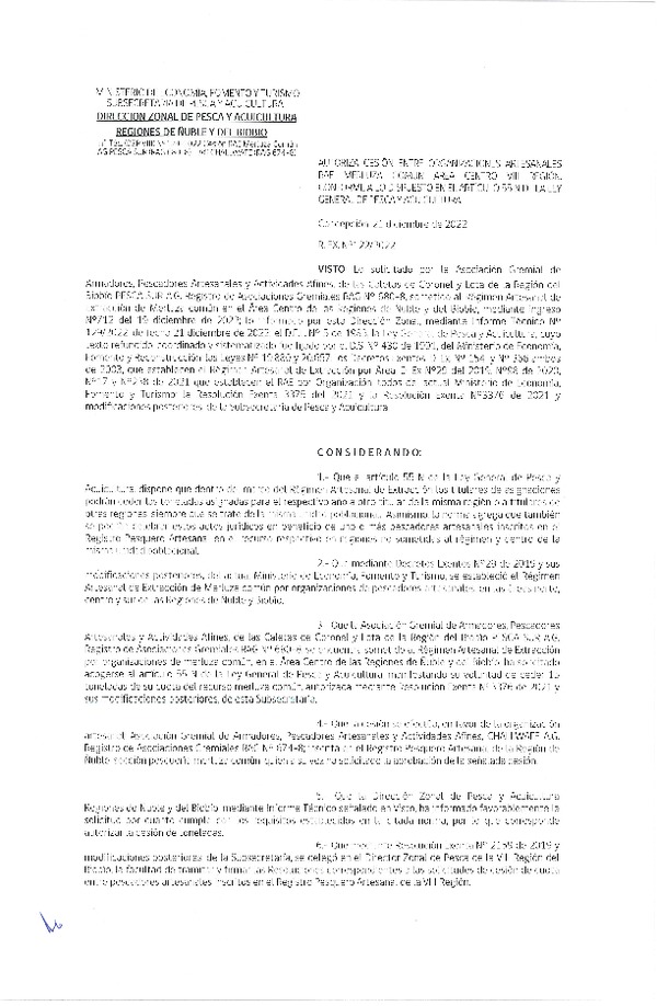 Res. Ex. N° 122-2022 (DZP Ñuble y del Biobío) Autoriza cesión merluza común. (Publicado en Página Web 21-12-2022)