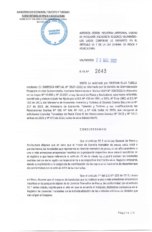 Res. Ex. N° 2643-2022, Autoriza Cesión unidad de pesquería Anchoveta y Sardina común, Regiones Valparaíso a Los Lagos. (Publicado en Página Web 23-12-2022)