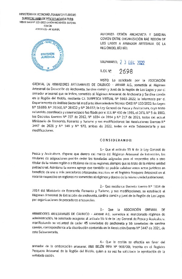 Res. Ex. N° 2698-2022 Autoriza Cesión de Anchoveta y Sardina común, Regiones de Los Lagos al Biobío. (Publicado en Página Web 23-12-2022)