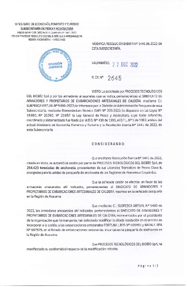 Res. Ex. N° 2645-2022 Modifica Res. Ex. N° 1441-2022 Autoriza cesión Industrial-Artesanal unidad de pesquería Anchoveta regiones de Atacama a Coquimbo. (Publicado en Pagina Web 23-12-2022)