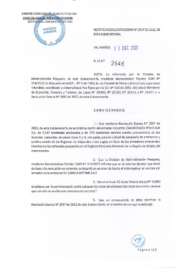 Res. Ex. N° 2646-2022 Modifica Res. Ex. N° 2557-2022, Autoriza Cesión unidad de pesquería Anchoveta y Sardina común, Regiones Valparaíso a Los Lagos. (Publicado en Página Web 23-12-2022)