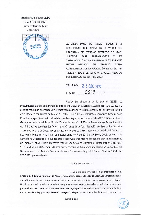 Res. Ex. N° 2617-2022 Autoriza pago de primer semestre a beneficiario que indica, en el marco del programa que señala. (Publicado en Página Web 23-12-2022)