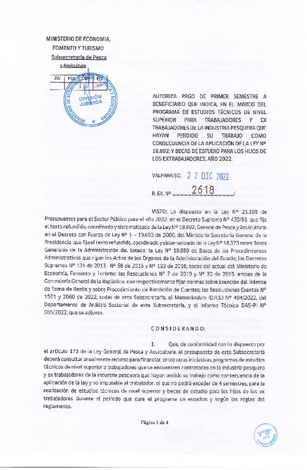 Res. Ex. N° 2618-2022 Autoriza pago de primer semestre a beneficiario que indica, en el marco del programa que señala. (Publicado en Página Web 23-12-2022)