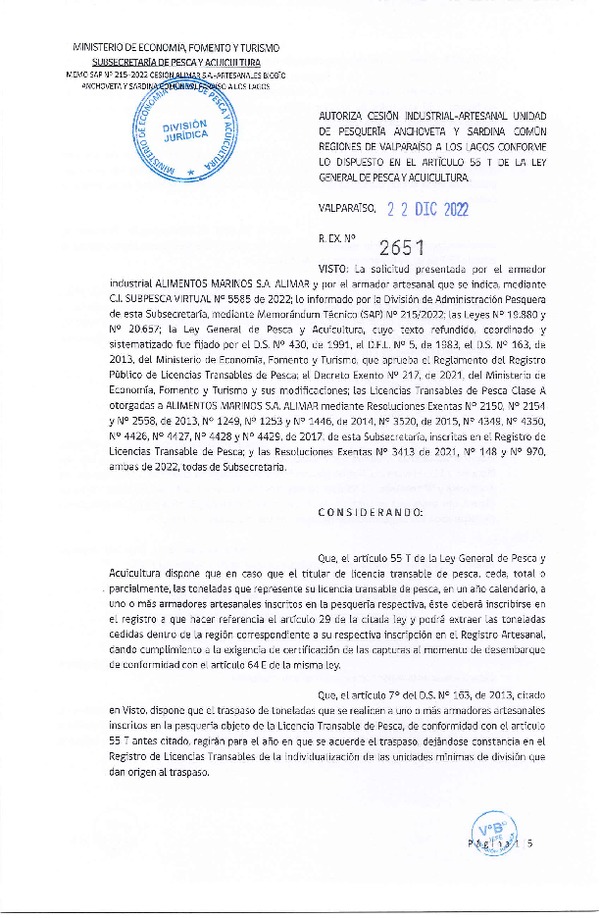 Res. Ex. N° 2651-2022, Autoriza Cesión unidad de pesquería Anchoveta y Sardina común, Regiones Valparaíso a Los Lagos. (Publicado en Página Web 23-12-2022)