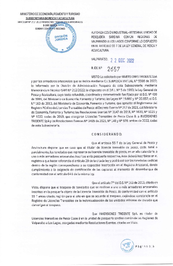 Res. Ex. N° 2657-2022, Autoriza Cesión unidad de pesquería Sardina común, Regiones Valparaíso a Los Lagos. (Publicado en Página Web 23-12-2022)
