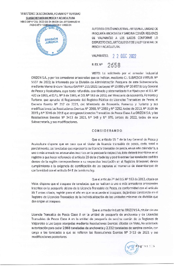 Res. Ex. N° 2658-2022, Autoriza Cesión unidad de pesquería Anchoveta y Sardina común, Regiones Valparaíso a Los Lagos. (Publicado en Página Web 23-12-2022)