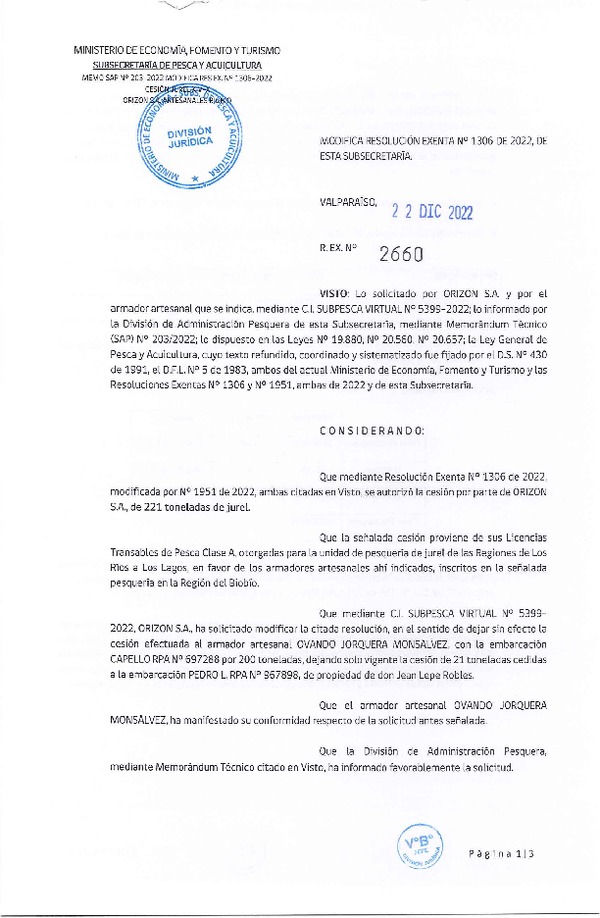 Res. Ex. N° 2660-2022 Modifica Res Ex N° 1306-2022, Autoriza Cesión de Jurel Regiones de Los Ríos a Los Lagos. (Publicado en Página Web 23-12-2022).