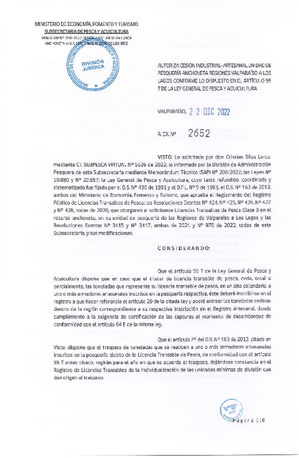 Res. Ex. N° 2652-2022, Autoriza Cesión unidad de pesquería Anchoveta y Sardina común, Regiones Valparaíso a Los Lagos. (Publicado en Página Web 26-12-2022)