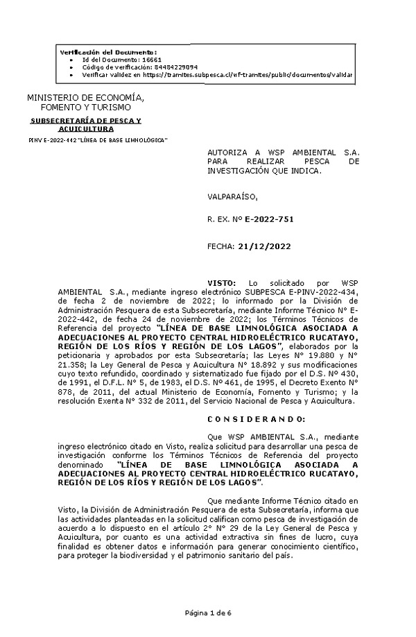 R. EX. Nº E-2022-751 AUTORIZA A WSP AMBIENTAL S.A. PARA REALIZAR PESCA DE INVESTIGACIÓN QUE INDICA. (Publicado en Página Web 26-12-2022)