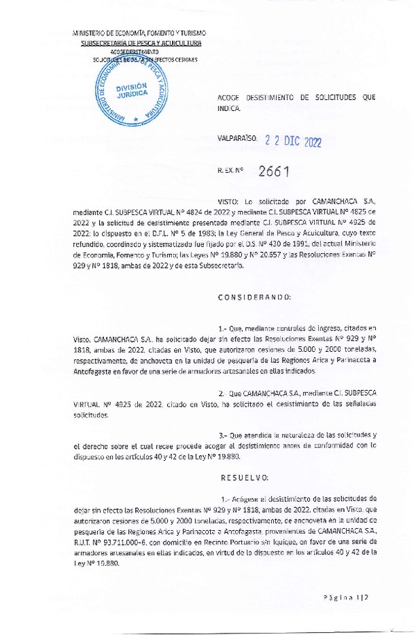 Res. Ex. N° 2661-2022 Acoge desistimiento de solicitudes que indica. (Publicado en Página Web 26-11-2022)