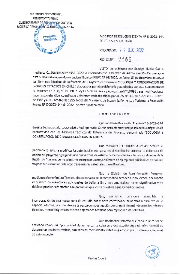 Res. Ex. N° 2665-2022 Modifica R. EX. Nº E-2022-144 ECOLOGÍA Y CONSERVACIÓN DE GRANDES CETÁCEOS EN CHILE. (Publicado en Página Web 26-12-2022)