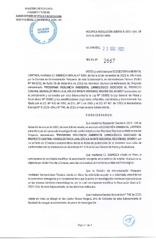 Res. Ex. N° 2667-2022 Modifica R. EX. Nº E-2021-104 PROGRAMA VIGILANCIA AMBIENTAL LIMNOLÓGICO ASOCIADO AL PROYECTO CENTRAL HIDROELÉCTRICA LAJA, EÓLICA MONTE REDONDO, REGIÓN DEL BIOBÍO. (Publicado en Página Web 26-12-2022)