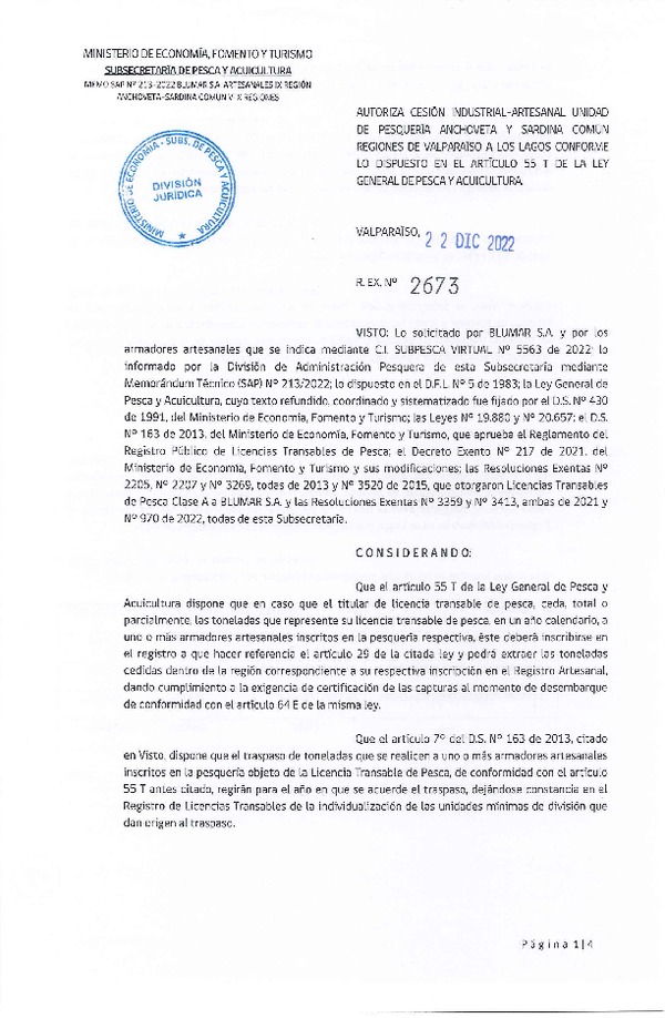 Res. Ex. N° 2673-2022, Autoriza Cesión unidad de pesquería Anchoveta y Sardina común, Regiones Valparaíso a Los Lagos. (Publicado en Página Web 26-12-2022)