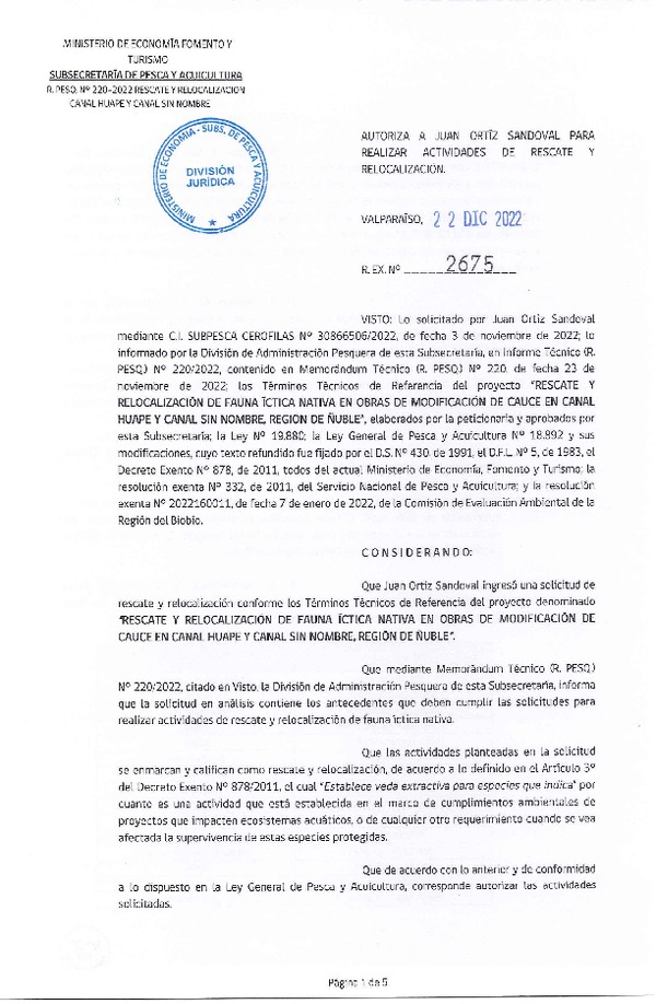 Res. Ex. N° 2675-2022 Rescate y Relocalización Fauna ícitca, Región de Ñuble. (Publicado en Página Web 26-12-2022)