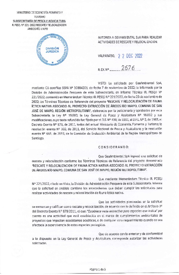 Res. Ex. N° 2676-2022 Rescate y Relocalización Fauna ícitca, Región Metropolitana. (Publicado en Página Web 26-12-2022)