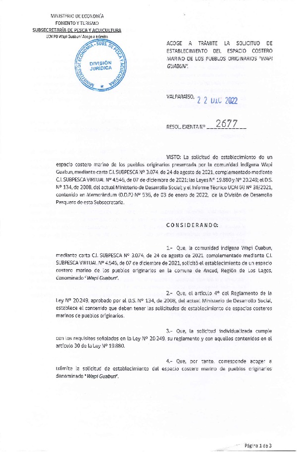 Res. Ex. N° 2677-2022 Acoge a trámite la solicitud de establecimiento de ECMPO "WAPI GUABUN". (Publicado en Página Web 26-12-2022)