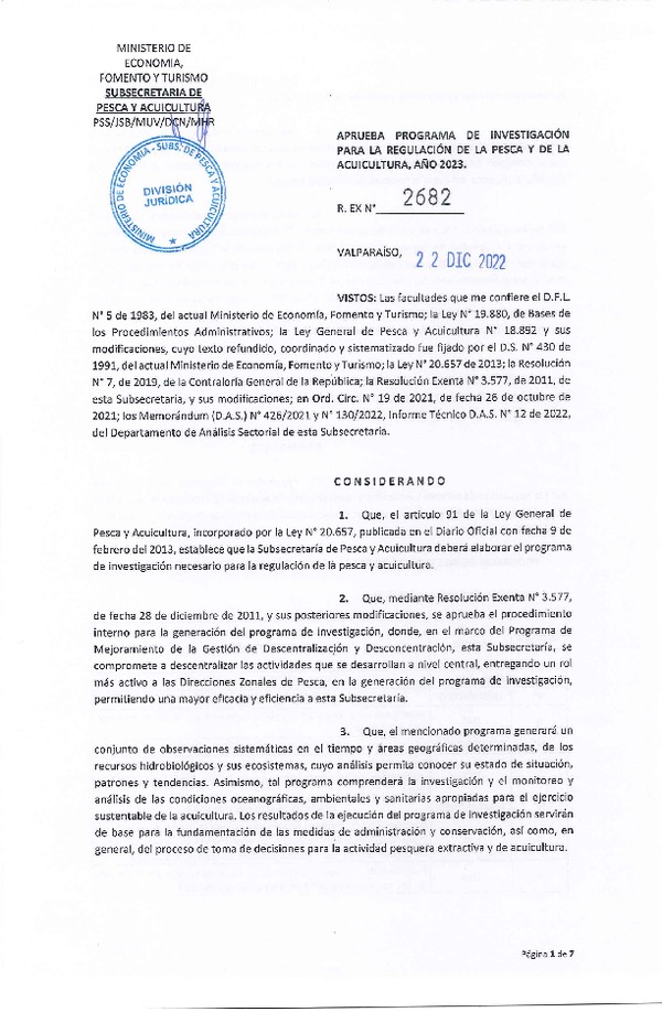 Res. Ex. N° 2682-2022 Aprueba Programa de Investigación para la Regulación de la Pesca y de la Acuicultura, Año 2023. (Publicado en Página Web 26-12-2022)