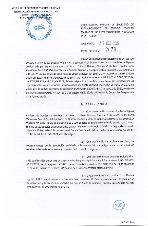 Res. Ex. N° 2678-2022 Desistimiento parcial de solicitud de establecimiento de ECMPO que indica. (Publicado en Página Web 26-12-2022)