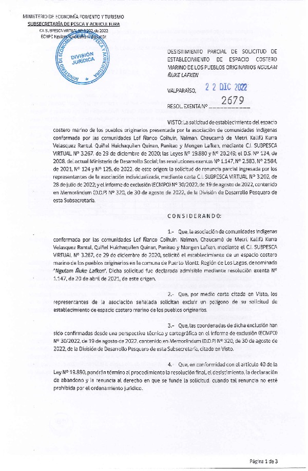 Res. Ex. N° 2679-2022 Desistimiento parcial de solicitud de establecimiento de ECMPO que indica. (Publicado en Página Web 26-12-2022)