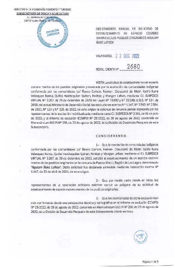 Res. Ex. N° 2680-2022 Desistimiento parcial de solicitud de establecimiento de ECMPO que indica. (Publicado en Página Web 26-12-2022)