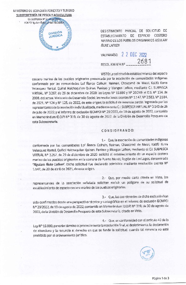 Res. Ex. N° 2681-2022 Desistimiento parcial de solicitud de establecimiento de ECMPO que indica. (Publicado en Página Web 26-12-2022)