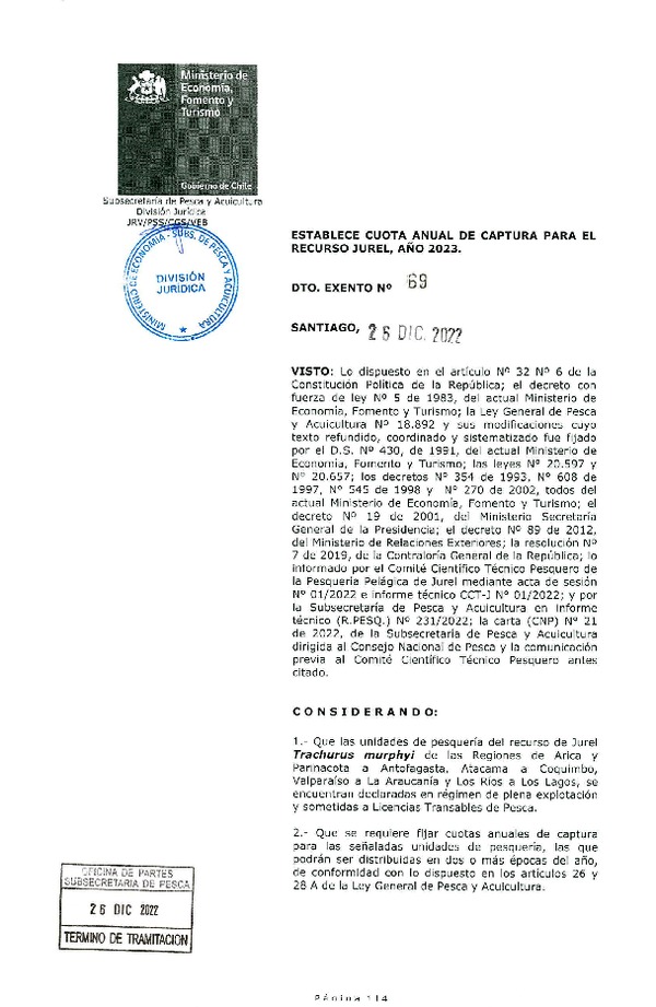 Dec. Ex. N° 69-2022 Establece Cuota Anual de Captura Para el Recurso Jurel, Año 2023. (Publicado en Página Web 27-12-2022)