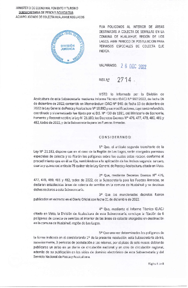 Res. Ex. N° 2714-2022 Fija Polígonos al Interior de Área Destinadas a Colecta de Semillas en la Comuna de Hualaihué, Región de Los Lagos, Abre Período de Postulación para Permisos Especiales de Colecta que Indica. (Publicado en Página Web 27-12-2022)