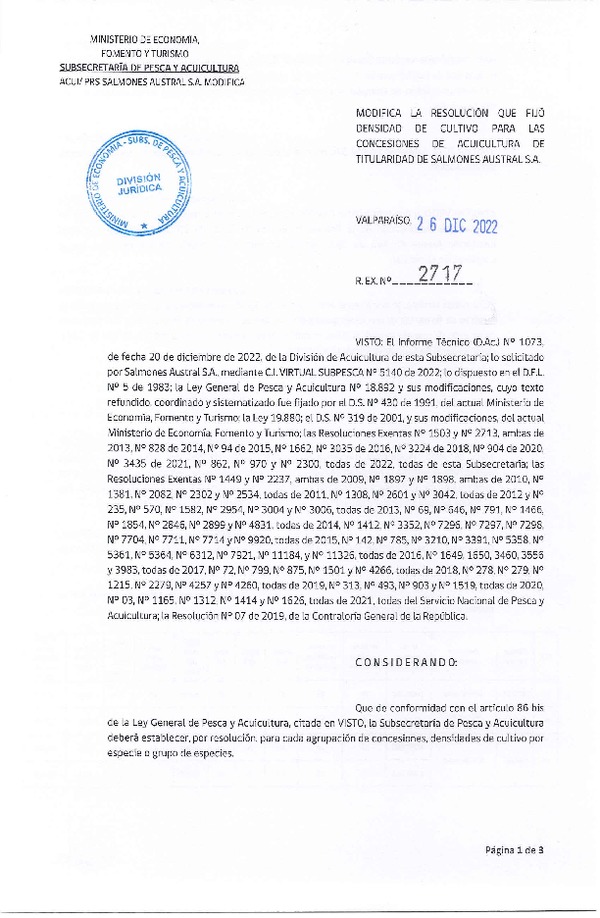 Res. Ex. N° 2717-2022 Modifica Res. Ex. N° 3435-2021 Fija densidad de cultivo para las concesiones de acuicultura de titularidad Salmones Austral S.A. (Publicado en Página Web 28-12-2022)