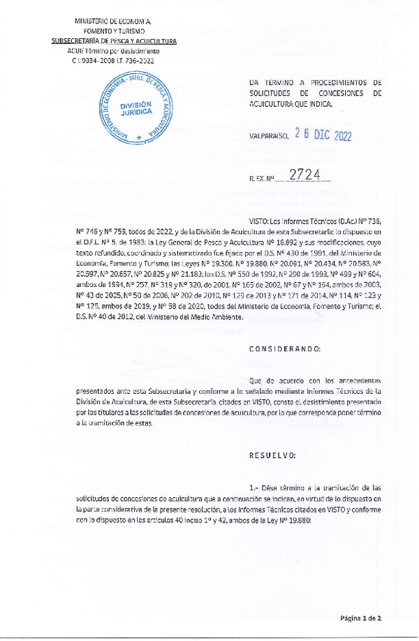 Res. Ex. N° 2724-2022 Da término a procedimientos de solicitudes de concesión de acuicultura que indica.