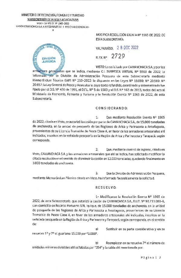 Res. Ex. N° 2729 Modifica Res. Ex. N° 1965-2022 Autoriza Cesión Anchoveta, Regiones de Arica y Parinacota a Región de Antofagasta. (Publicado en Página Web 28-12-2022)