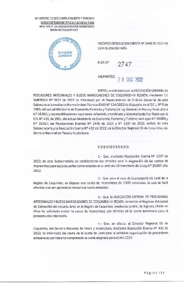 Res. Ex. N° 2747-2022 Modifica Res. Ex. N° 3448-2021 Distribución de la Fracción Artesanal de Pesquería de Anchoveta y Jurel, Región de Coquimbo, Año 2022. (Publicado en Página Web 29-12-2022)