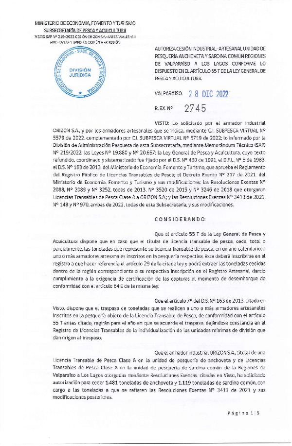 Res. Ex. N° 2745-2022, Autoriza Cesión unidad de pesquería Anchoveta y Sardina común, Regiones Valparaíso a Los Lagos. (Publicado en Página Web 29-12-2022)