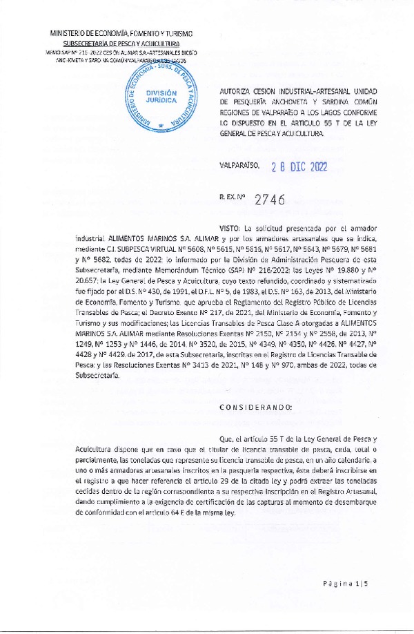Res. Ex. N° 2746-2022, Autoriza Cesión unidad de pesquería Anchoveta y Sardina común, Regiones Valparaíso a Los Lagos. (Publicado en Página Web 29-12-2022)