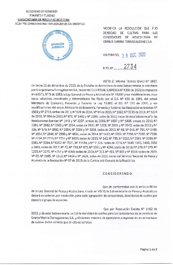 Res. Ex. N° 2734-2022 Modifica Res. Ex. N° 1462-2022, Fija Densidad de Cultivo para las Concesiones de Granja Marina Tornagaleones S.A. Aprueba Programa de Manejo que Indica. (Publicado en Página Web 29-12-2022)