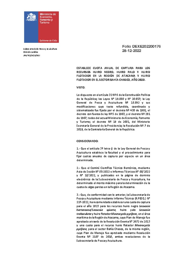 Dec. Ex. Folio 202200176 Establece Cuota Anual de Captura para los Recursos Huiro negro, Huiro palo y Huiro Flotador en la Región de Atacama y Huiro Flotador en el Sector Bahía Chasco, año 2023. (Publicado en Página Web 29-12-2022)