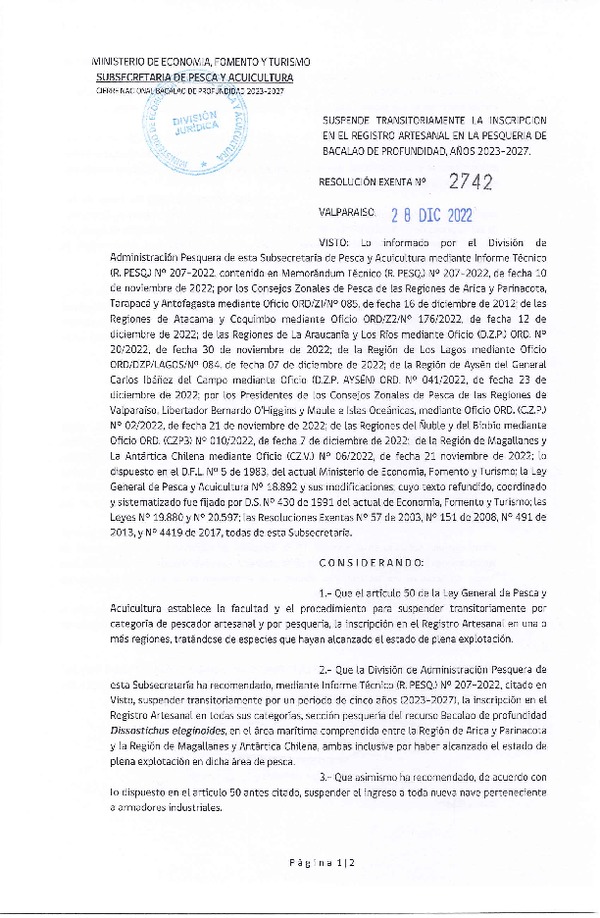 Res. Ex. Nº 2742-2022 Suspende Transitoriamente inscripción en el Registro Artesanal de la Pesquería de Bacalao de Profundidad, Años 2023-2027. (Publicado en Página Web 29-12-2022)