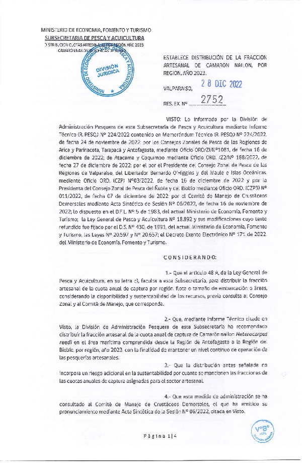 Res. Ex. N° 2752-2022 Establece Distribución de la Fracción Artesanal de Camarón Nailon, Por Región, Año 2023. (Publicado en Página Web 29-12-2022)