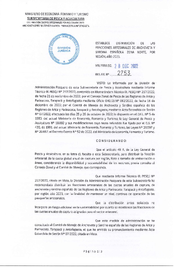 Res. Ex. N° 2753-2022 Establece Distribución de las Fracciones Artesanales de Anchoveta y Sardina Española Zona Norte, Por Región, Año 2023. (Publicado en Página Web 29-12-2022)