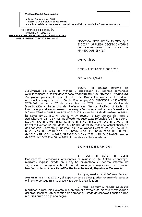 RESOL. EXENTA Nº E-2022-762 Modifica resolución que indica, Aprueba 10° Seguimiento. (Publicado en Página Web 29-12-2022)